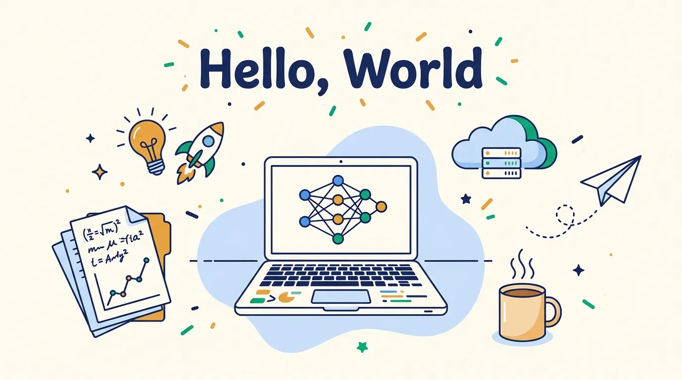 A laptop showing a small neural network, surrounded by papers of formulas, a lightbulb, a rocket, a cloud with servers, a paper plane, and a coffee mug, under the words "Hello, World".